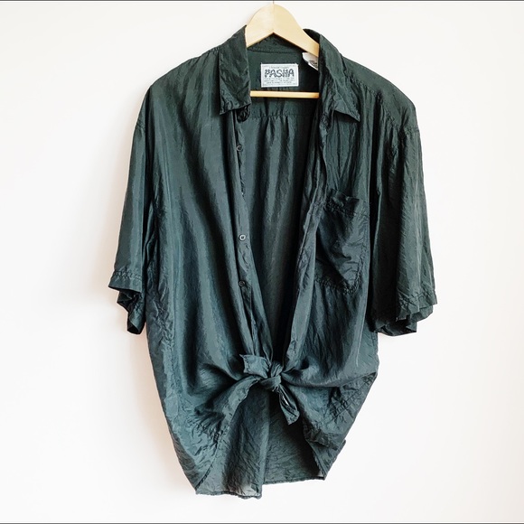 pasha Tops - oversized billowy black silk short sleeve buttonup